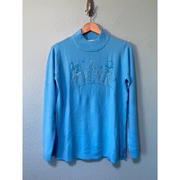 NWT Quacker‎ Factory Women’s Blue Beaded Snowman Sweater Medium - Picture 1 of 8